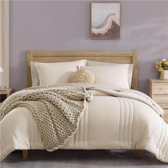 Queen Comforter Set - 7 Pieces Beige Bed in a Bag Queen Bedding Sets - Picture 1 of 7